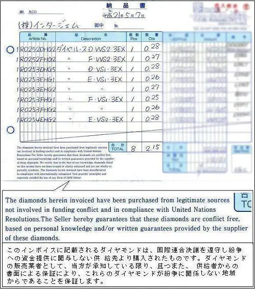 インタージェムが仕入れたダイヤモンドの納品書