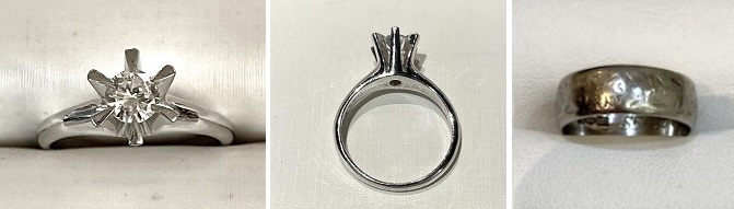 お母様から譲られた婚約指輪（正面と側面写真）と結婚指輪